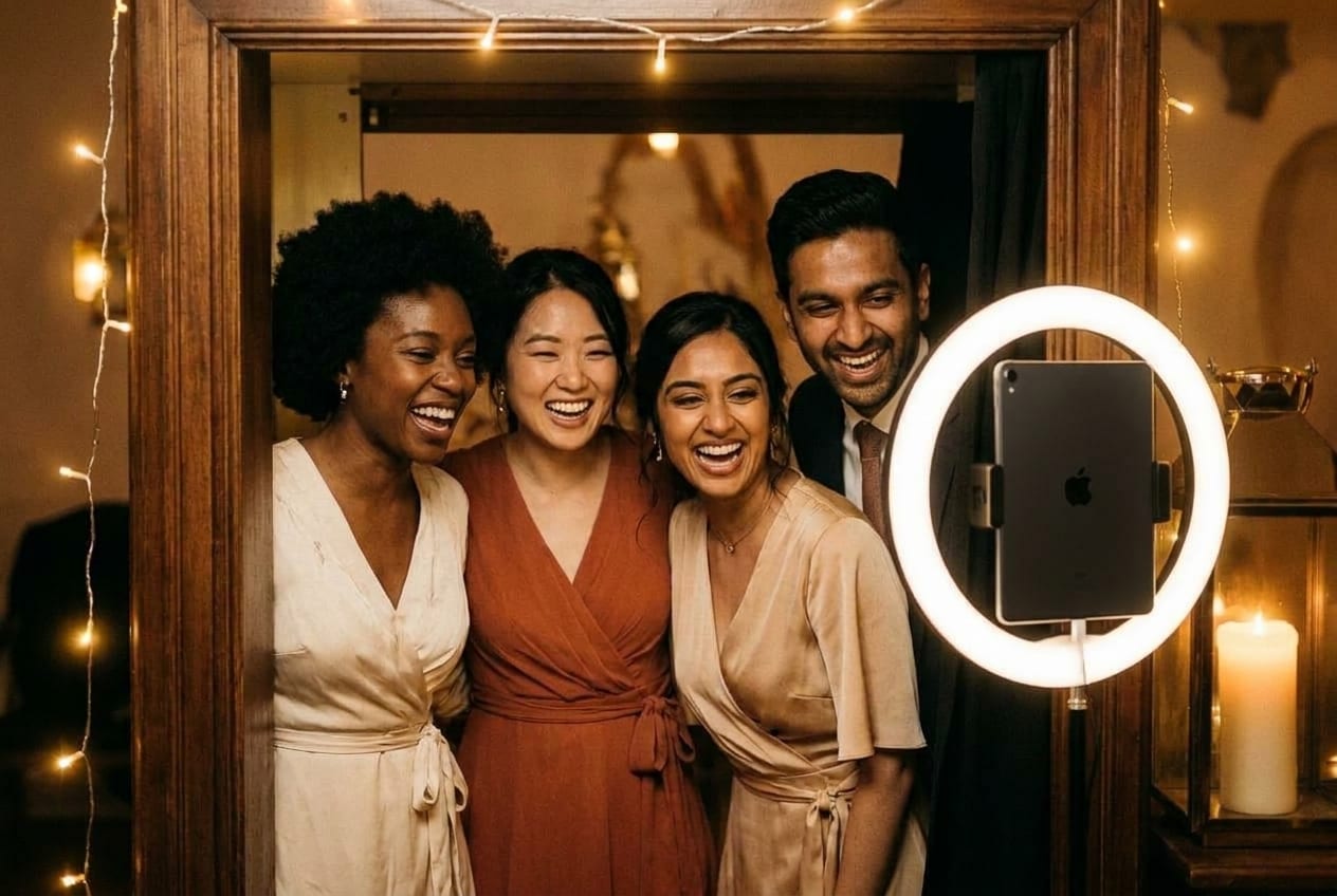 A group of guests laughing, all eyes open
