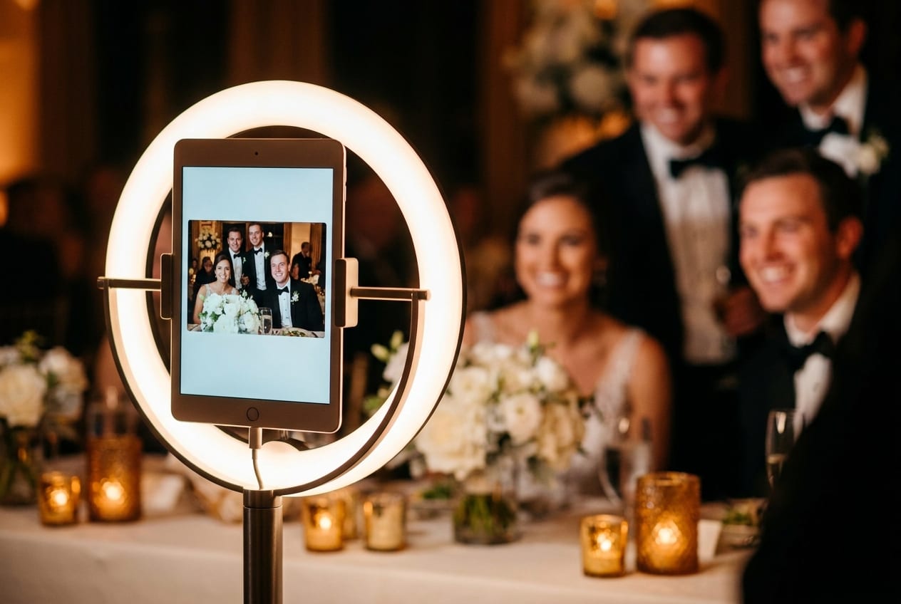 A portable iPad photo booth on a stand