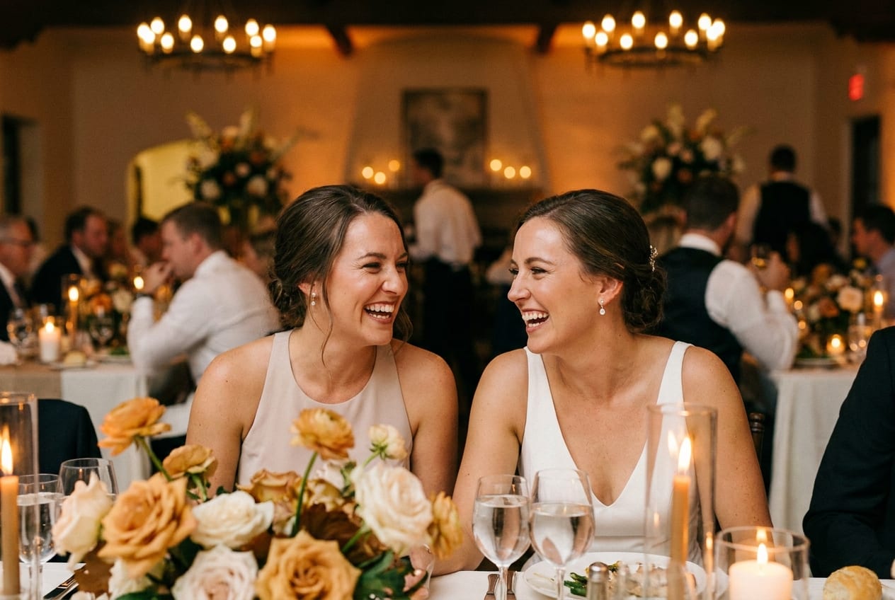 A naturally retouched booth portrait of two guests