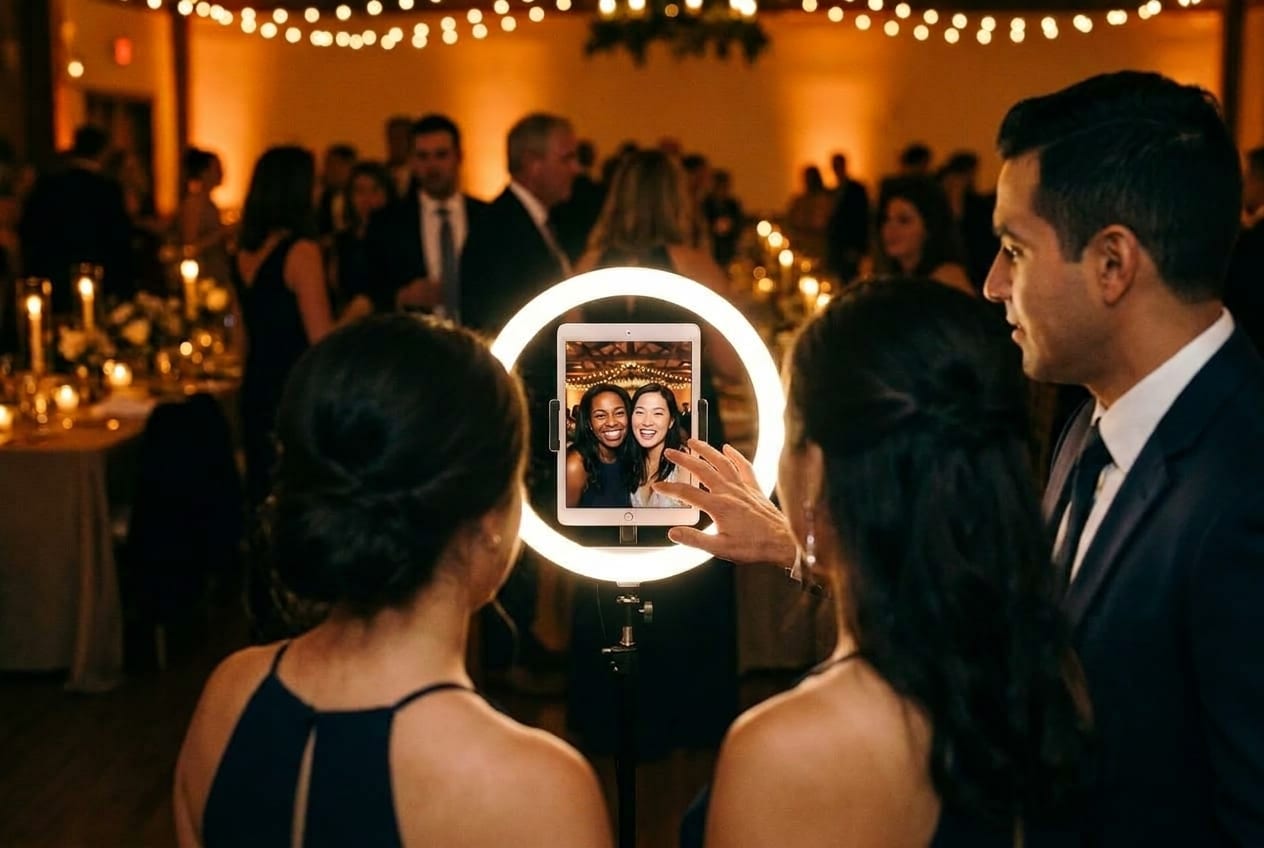 Guests using an iPad photo booth at a reception