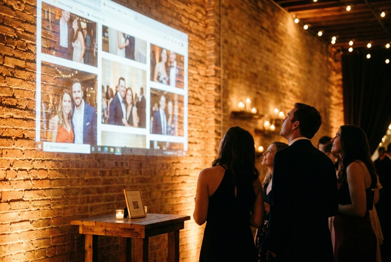 A booth gallery projected live on the wall with a QR code