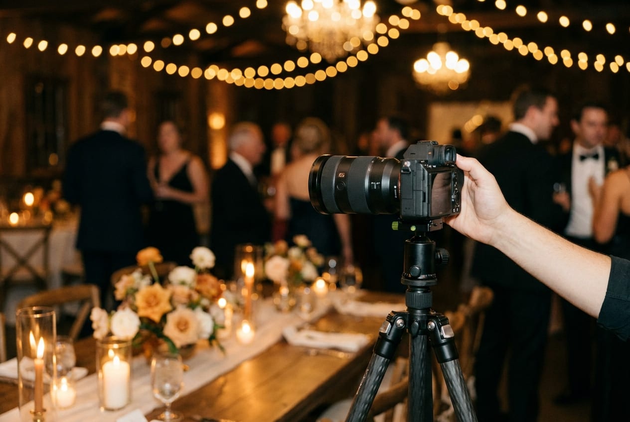 A photographer shooting with a pro camera at a reception