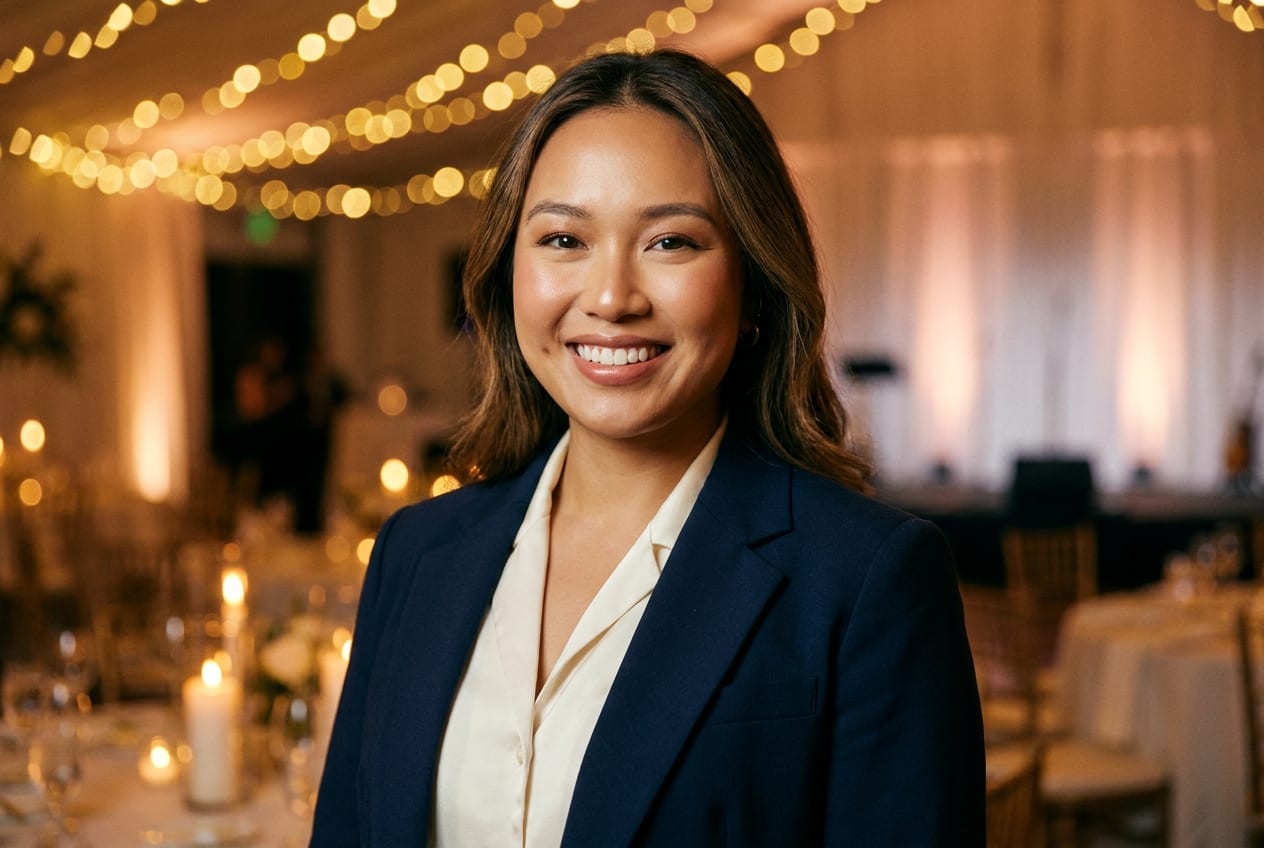 A magazine-cover-grade AI-styled portrait of a wedding guest in a glowing photo booth