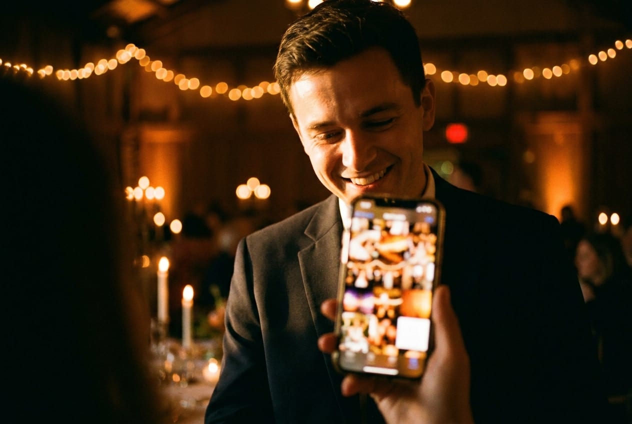 A wedding guest smiling at their event photo gallery on a phone