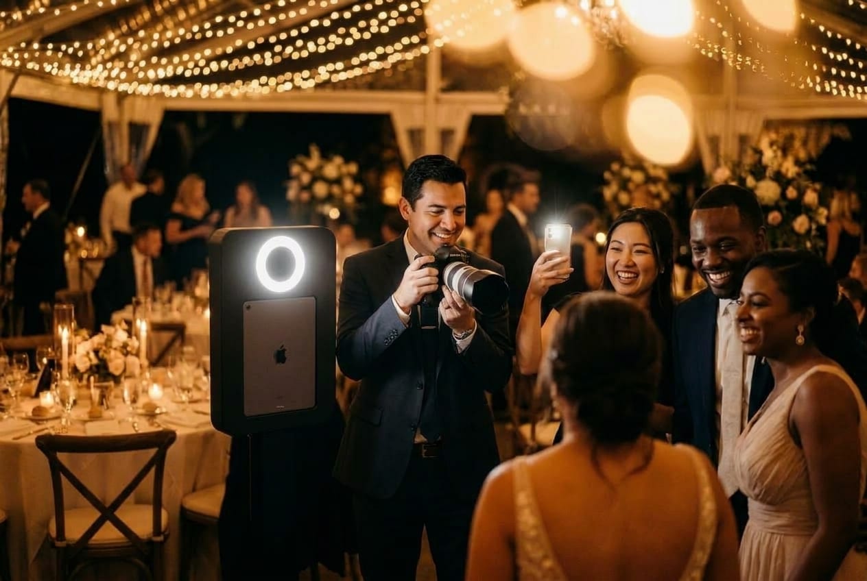 A pro photographer, a guest's phone, and a photo booth all shooting one moment