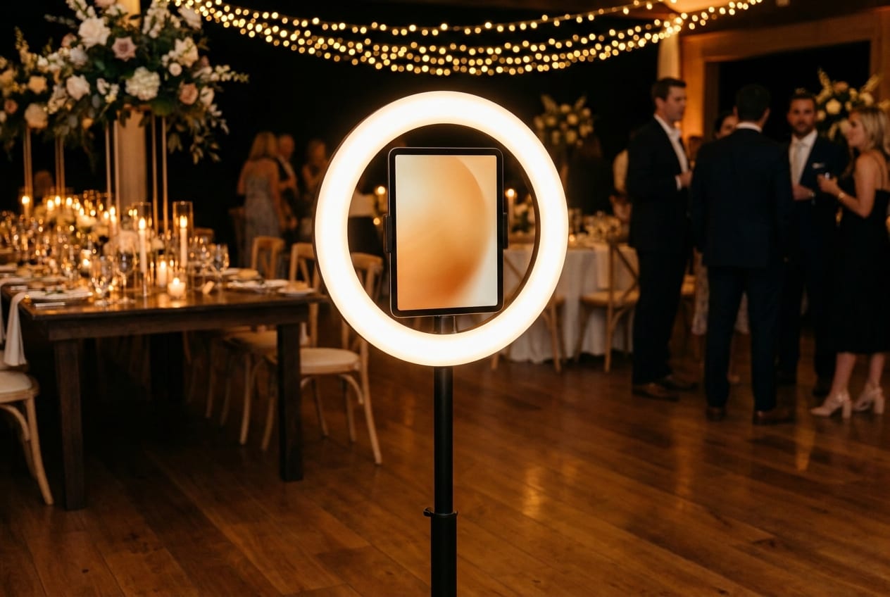 An open-air photo booth set up and running on its own at a reception