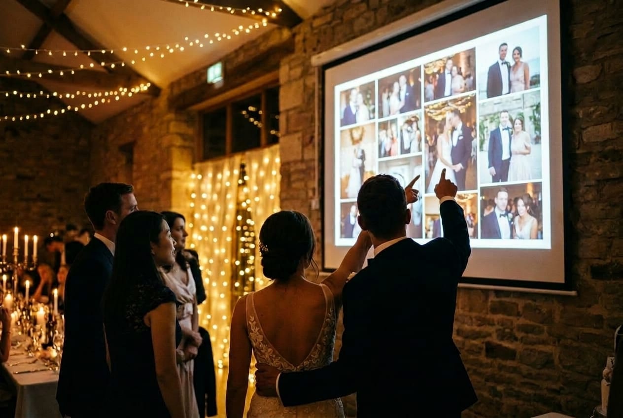 A photographer's styled photos streaming onto a projected live wall at a reception