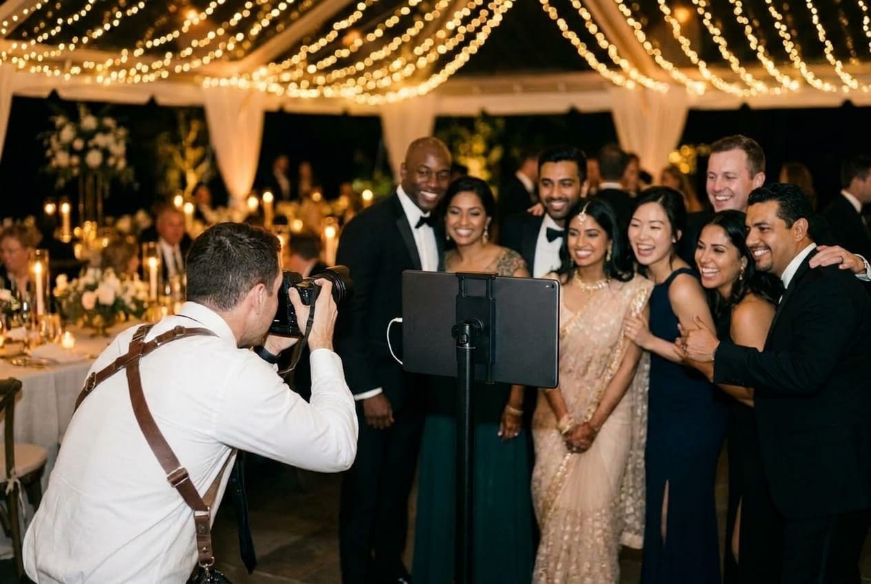 A photographer, a phone, and a booth all shooting one event