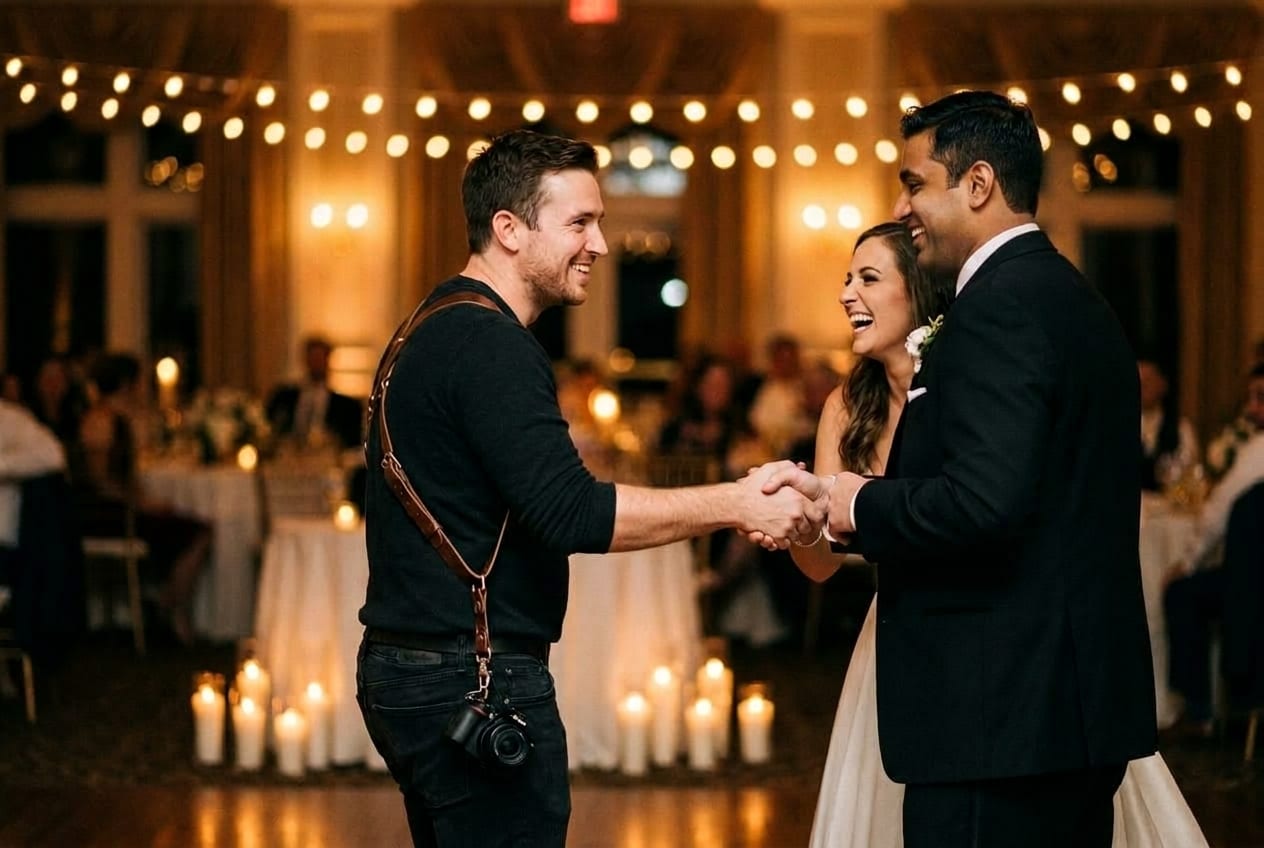 A photographer being booked by a happy couple