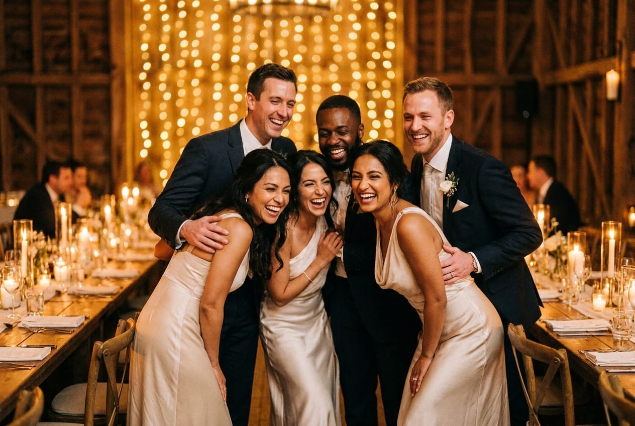 A lively group of guests laughing, all eyes open