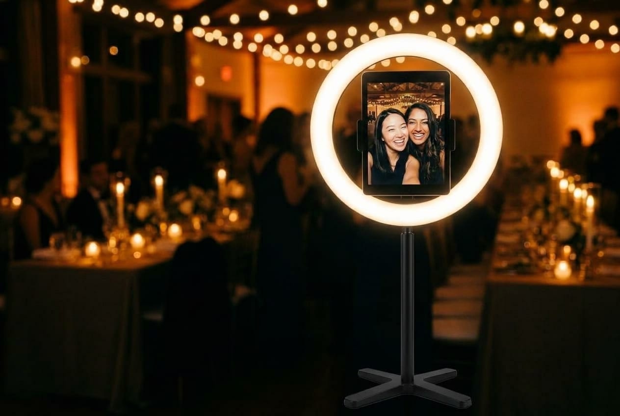 A portable iPad photo booth on a stand