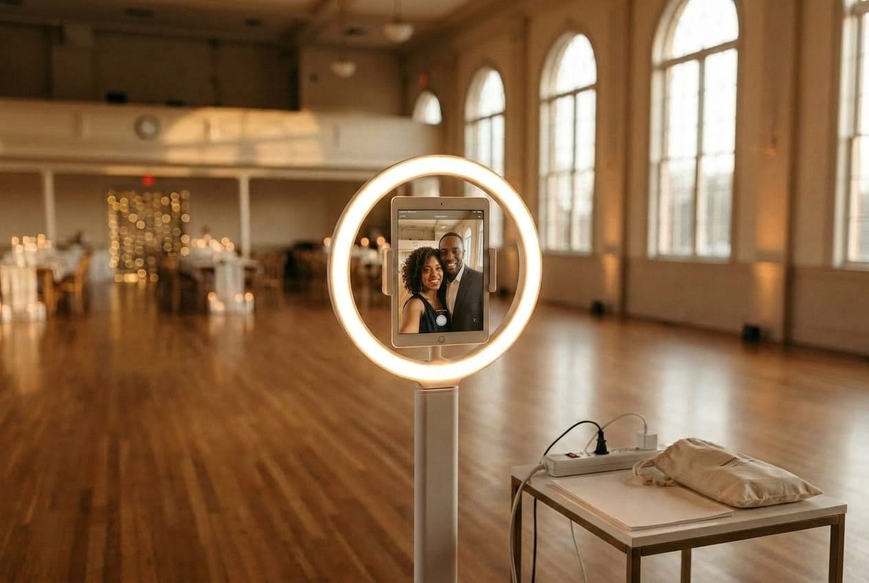A guest tapping the iPad photo booth at a candlelit reception