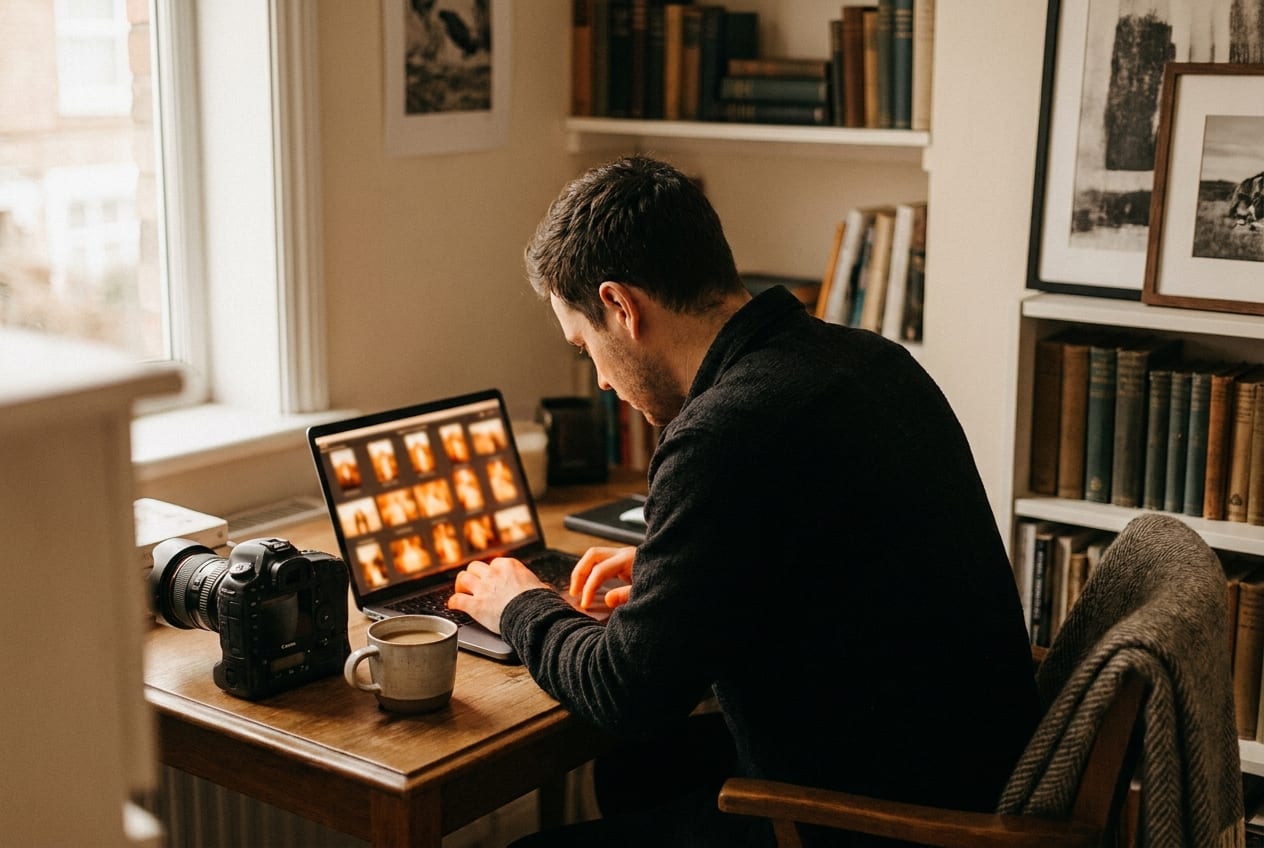 A photographer editing event photos on a laptop