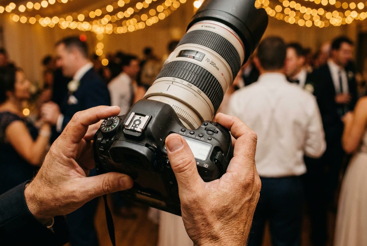 A photographer shooting with a pro DSLR at a reception