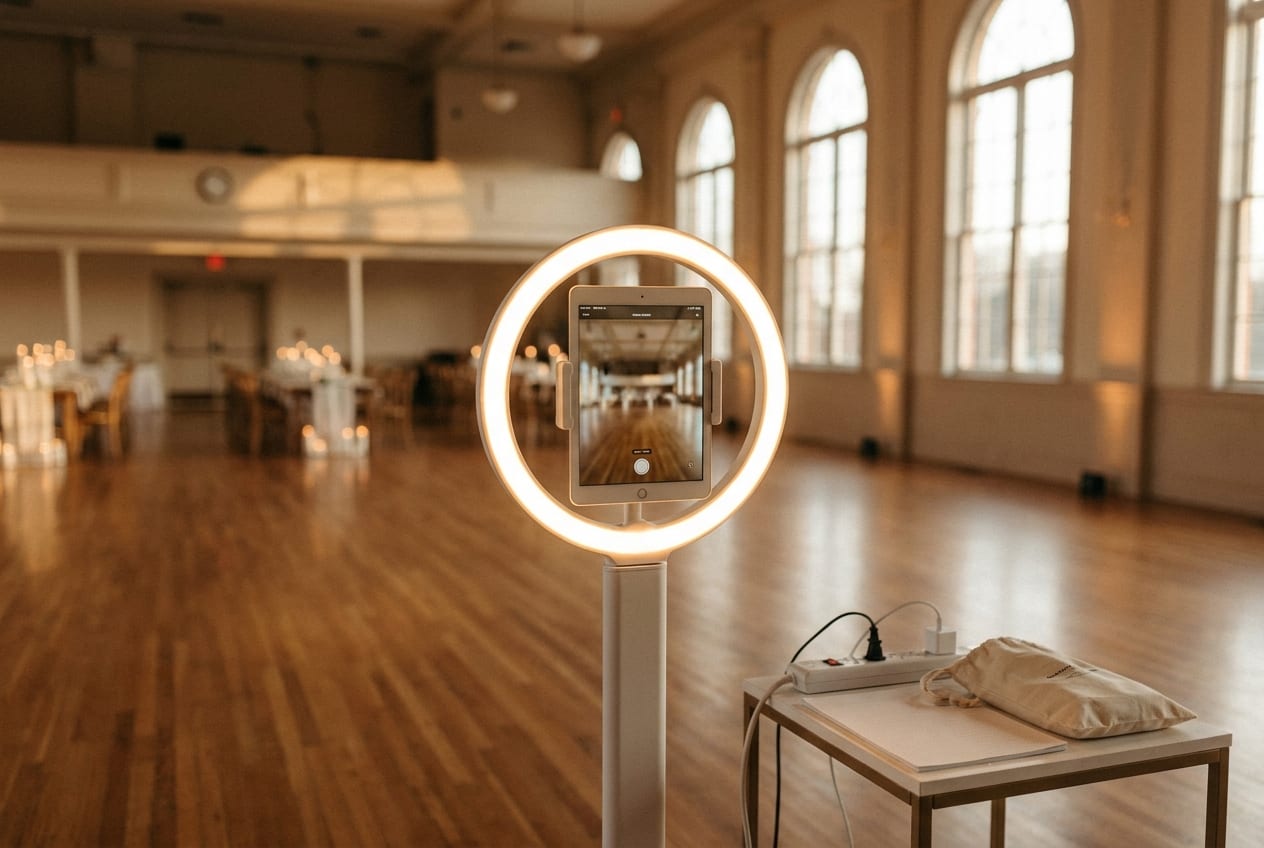 A portable iPad photo booth on a stand