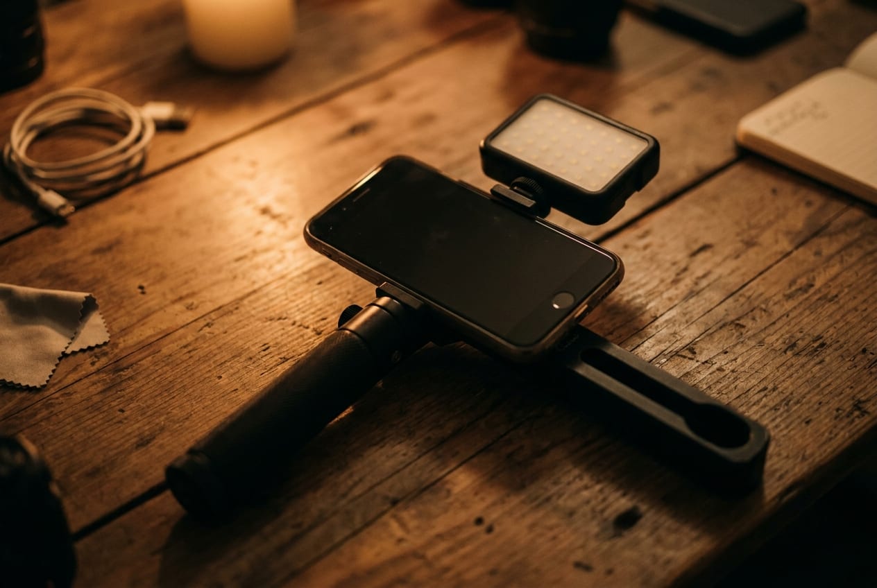 A smartphone rig with an LED light for roaming capture