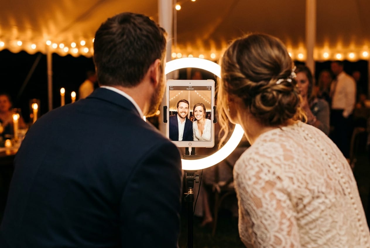 Guests using an iPad photo booth at a reception
