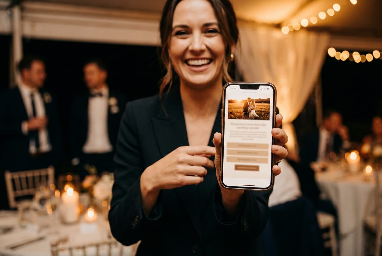 A booth operator showing their booking website on a phone